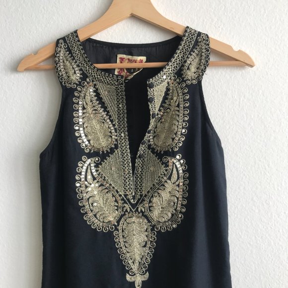 FP Free People Black and Gold Paisley Sequin Mini Dress Size 0 - Picture 2 of 8